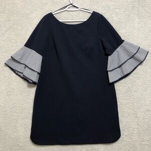 Jessica Howard Navy Blue Sheath Dress Tiered 3/4-bell-sleeves gingham Boat Neck